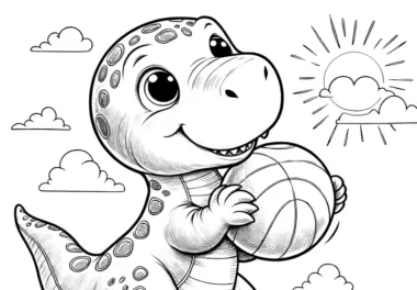 Niedlicher Dinosaurier mit Ball im Sonnenschein (Malvorlage)