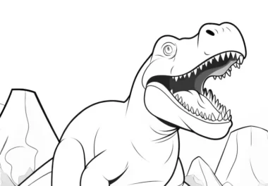 Zum Ausmalen: T-rex vor urzeitlicher Landschaft