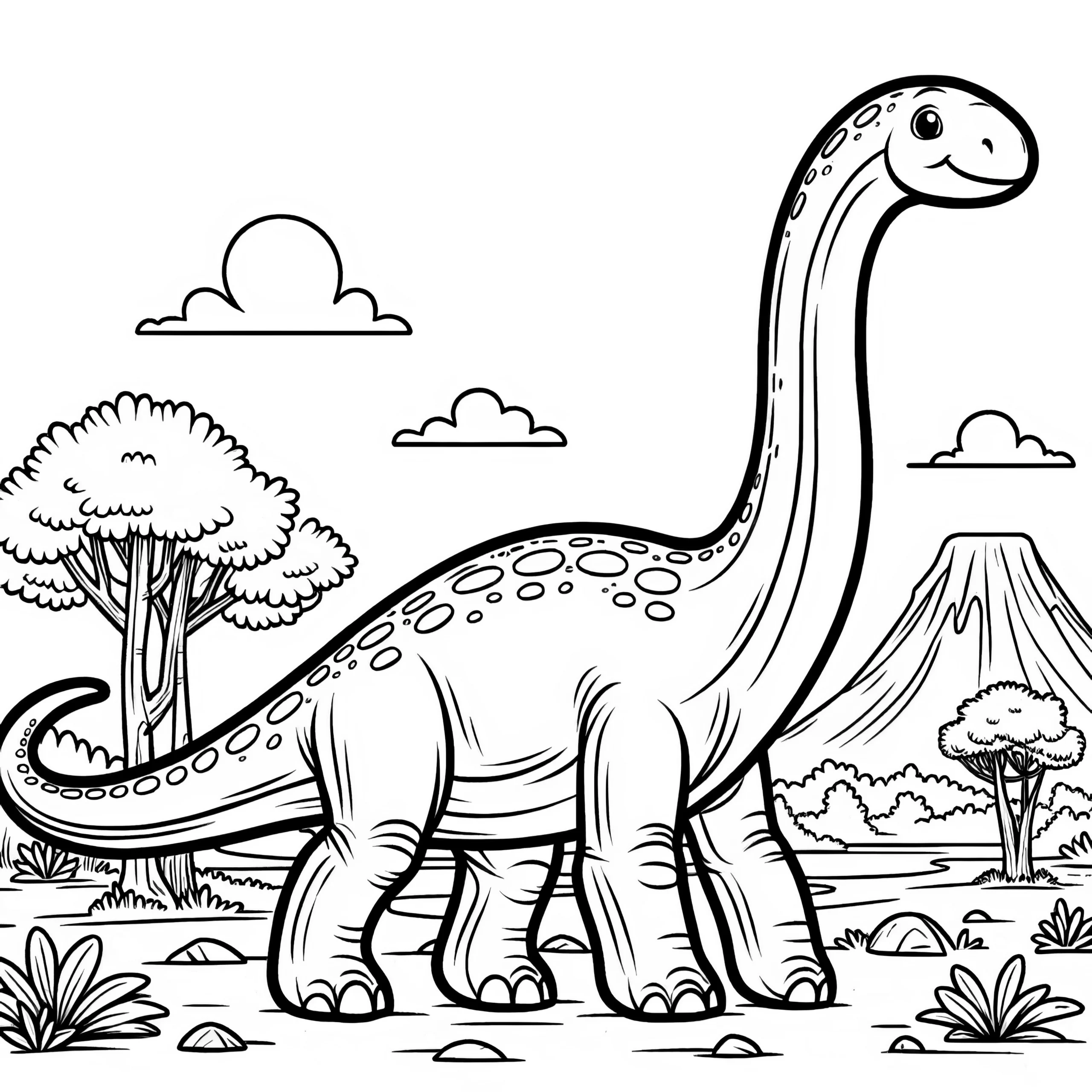 Langhals-Dino in Landschaft (Ausmalbild)