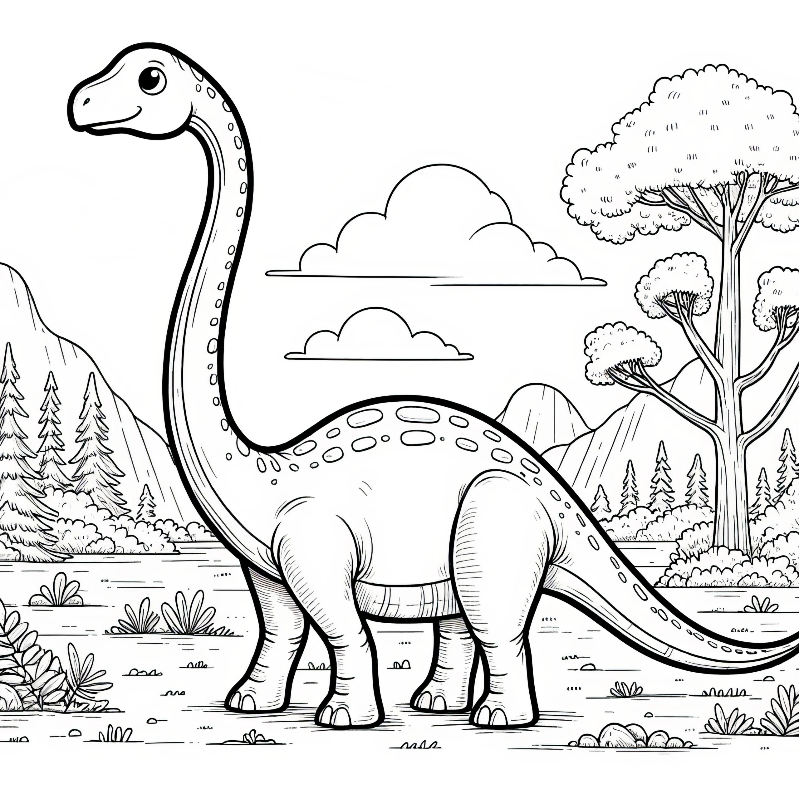 Brachiosaurus in Naturkulisse (Malvorlage) (Ausmalbild)