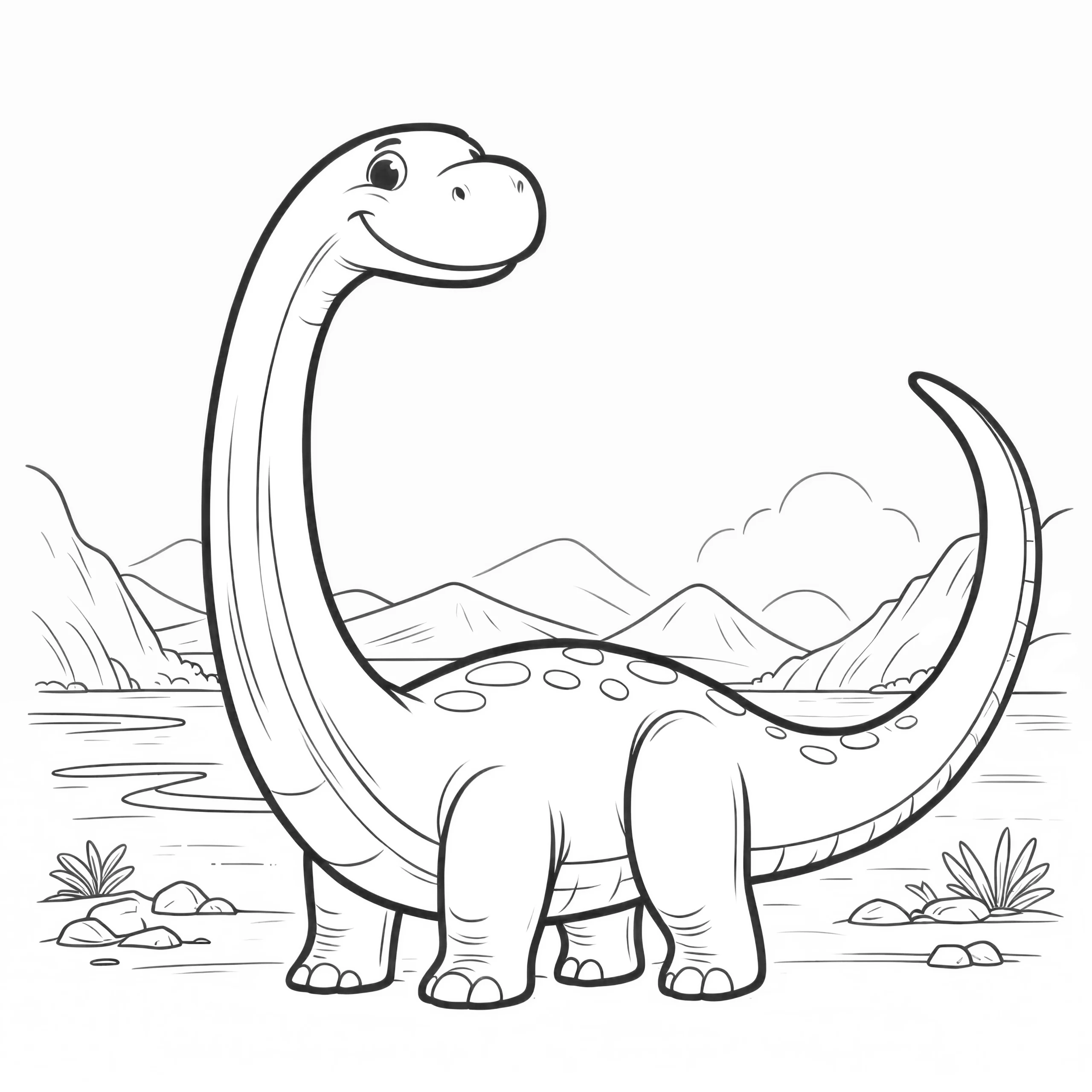 Brachiosaurus im prähistorischen Tal zum Ausmalen (Ausmalbild)