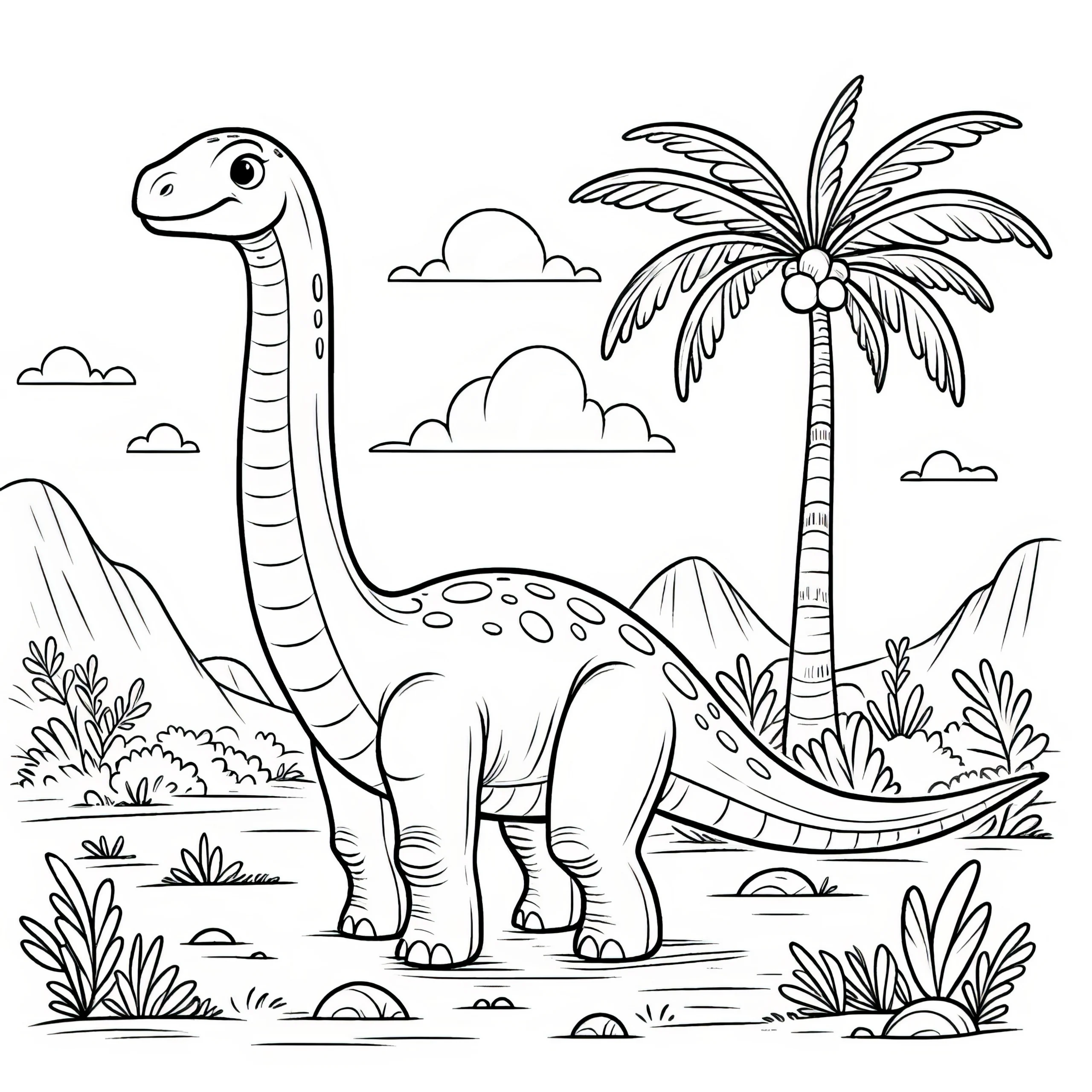 Brachiosaurus in tropischer Landschaft (Ausmalbild)