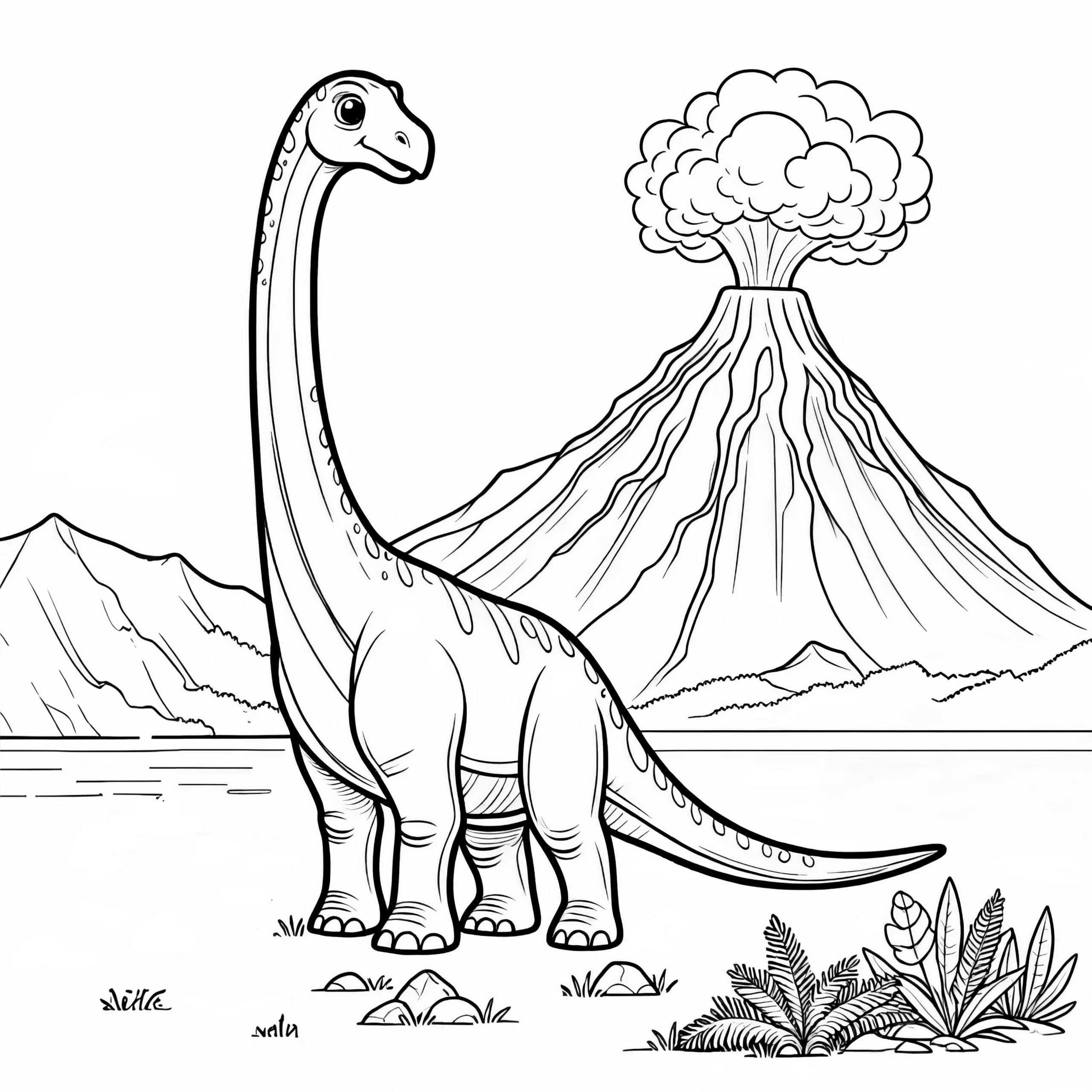 Brachiosaurus vor Vulkanlandschaft (Malvorlage) (Ausmalbild)