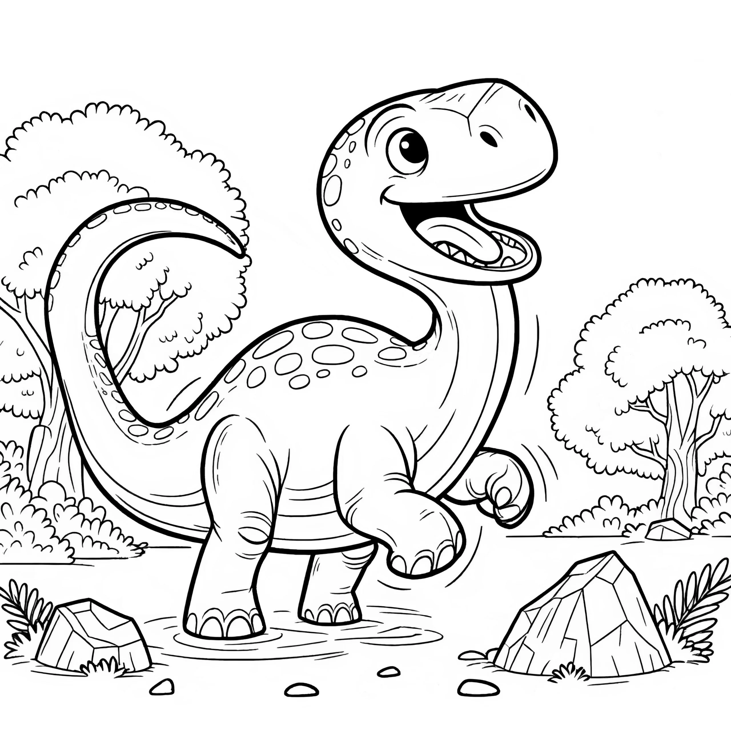 Fröhlicher Brachiosaurus im Wald zum Ausmalen (Ausmalbild)