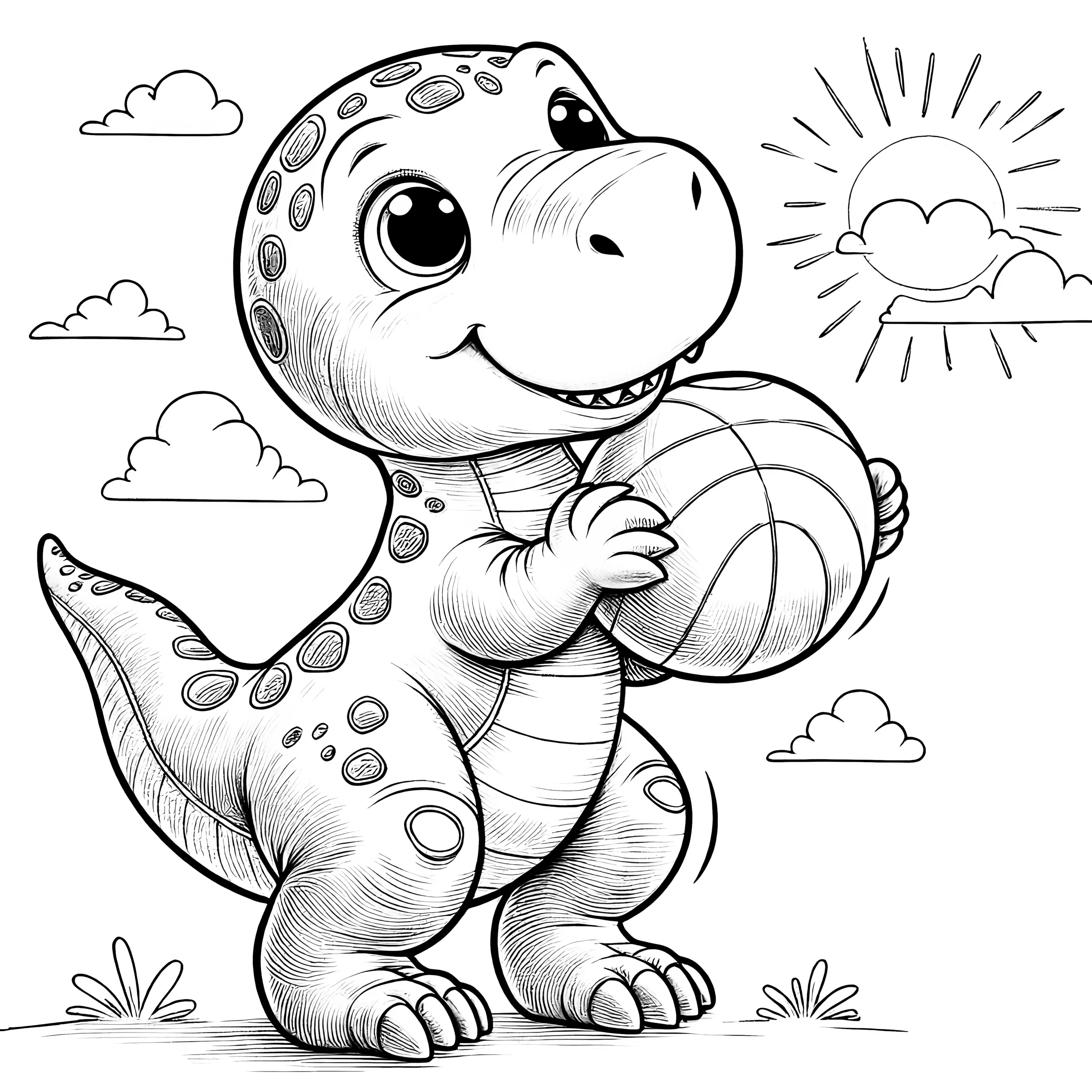 Niedlicher Dinosaurier mit Ball im Sonnenschein (Malvorlage) (Ausmalbild)
