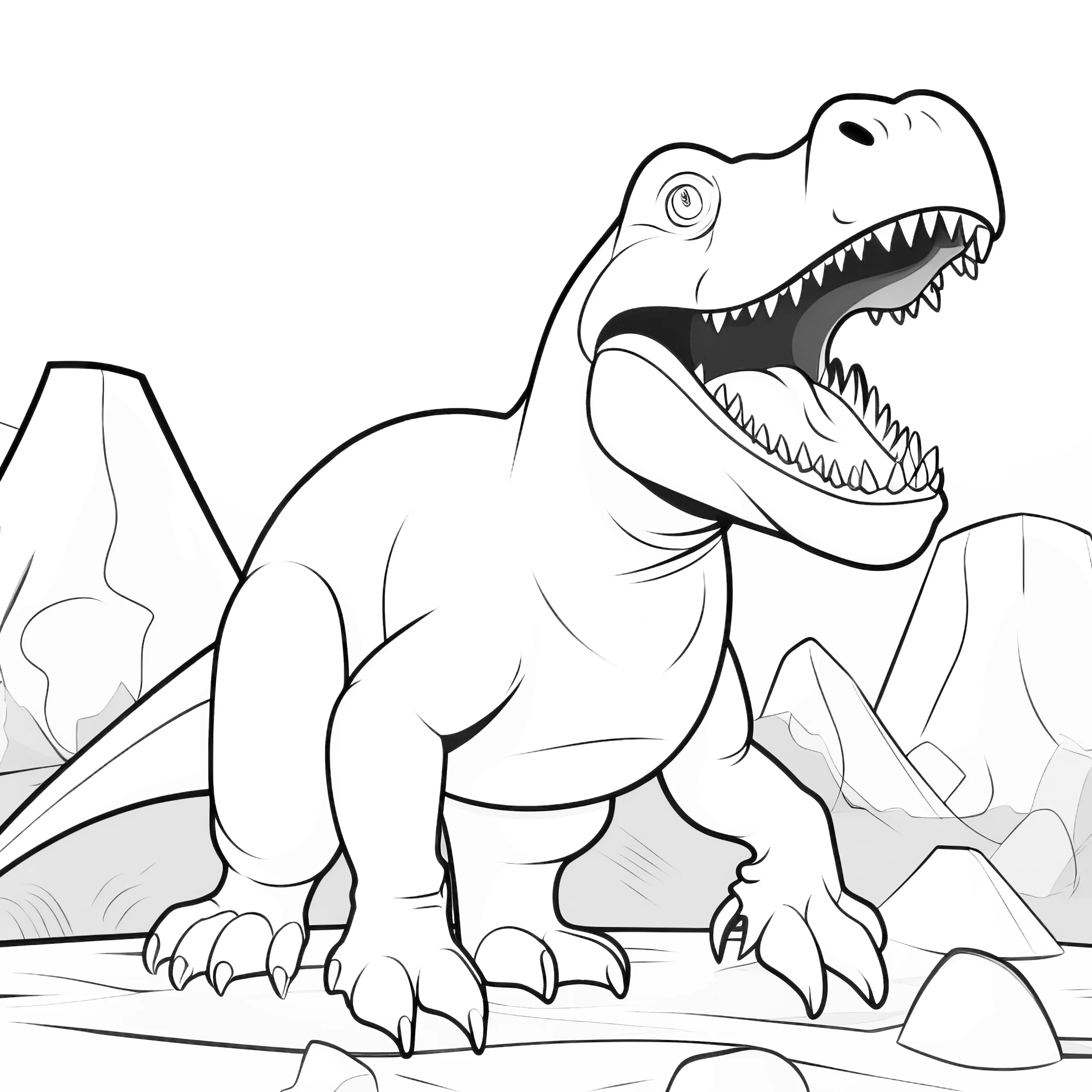 Zum Ausmalen: T-rex vor urzeitlicher Landschaft (Ausmalbild)